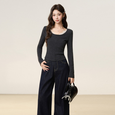 灰色蕾丝V领打底衫内搭秋冬季新款磨毛加绒短上衣假两件长袖T恤女