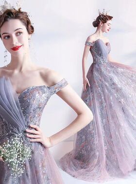 时尚紫色晚礼服新娘结婚敬酒服2026新款宴会气质主持人连衣裙夏季