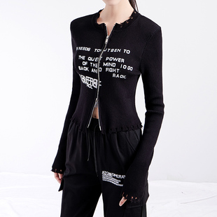 秋冬新款圆领印花拉链开衫显瘦高腰短款破洞毛衣针织衫短外套上衣