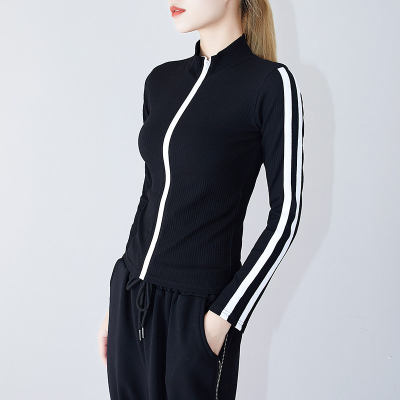 运动健身服女长袖瘦身螺纹袖子两条杠立领外套短款跑步上衣,女装/女士精品,T恤,淘宝优惠券,粉丝福利购,淘宝优惠卷