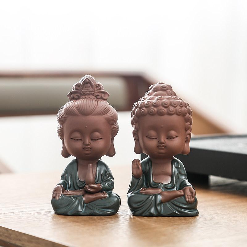 紫砂观音如来小佛像 茶玩茶宠摆件精品 可养功夫茶具配件车载陶瓷