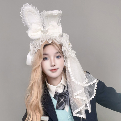 甜美洛丽塔蝴蝶结蕾丝发带lo娘花嫁风花丸头饰毛绒兔耳朵kc发箍