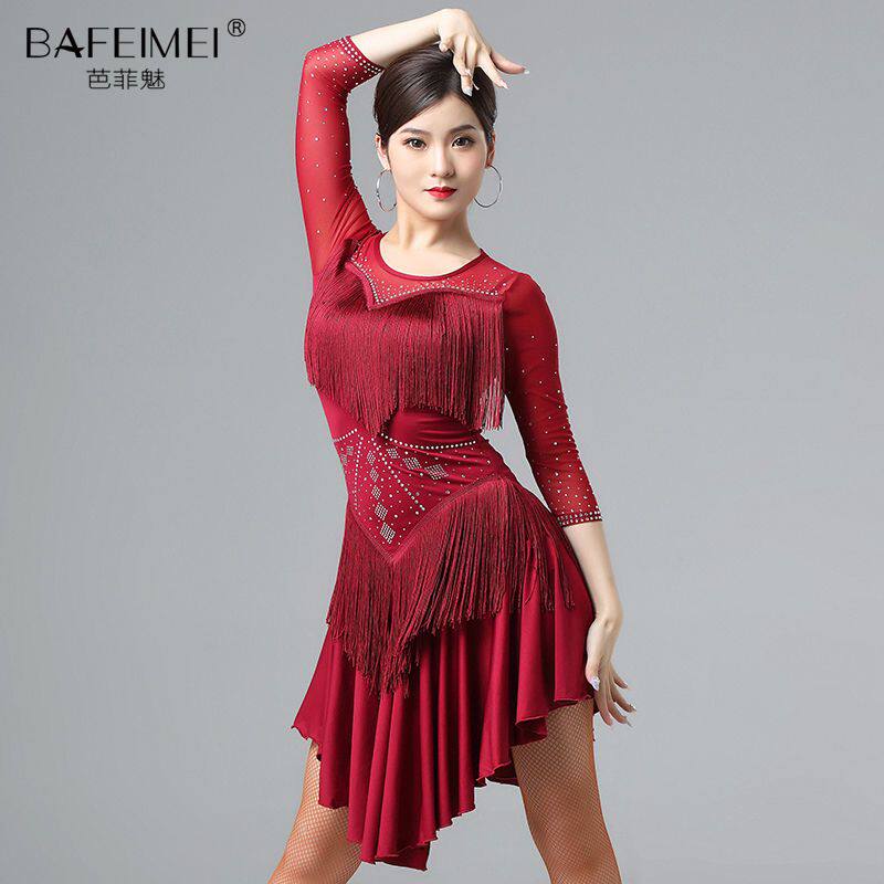 芭菲魅拉丁舞服女成人花服恰恰爵士伦巴流苏连衣裙比赛演出舞蹈服