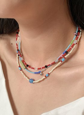 原创手工多巴胺撞色米珠串珠项链