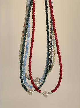 est studio原创设计天然玉石碎银珍珠串珠项链女小众复古多色颈链