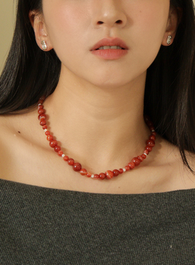 est studio原创天然红条纹玛瑙串珠项链女小众设计感简约手串颈链