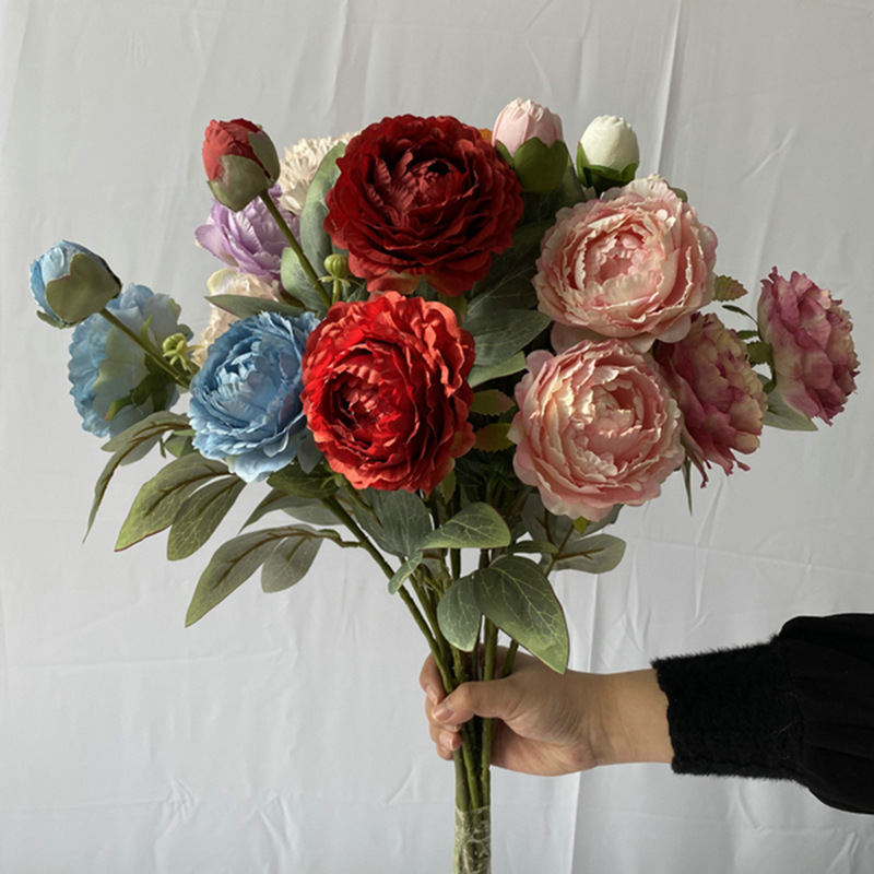 新品梅远3头油画牡丹2号仿真花家居摆件酒店装饰假花摄影道具假花图片