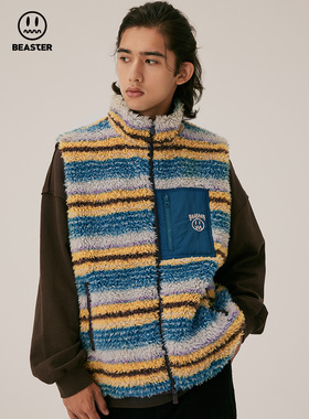 BEASTER小恶魔国潮撞色仿羊羔绒条纹马甲新款美式复古夹克外搭男