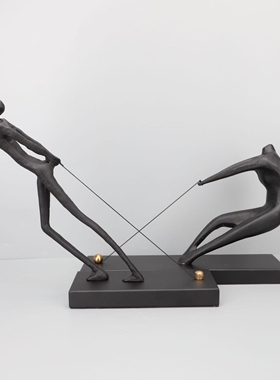 新中式黑色铸铁拉绳人摆件样板房售楼部卧室书房客厅桌面玄关饰品