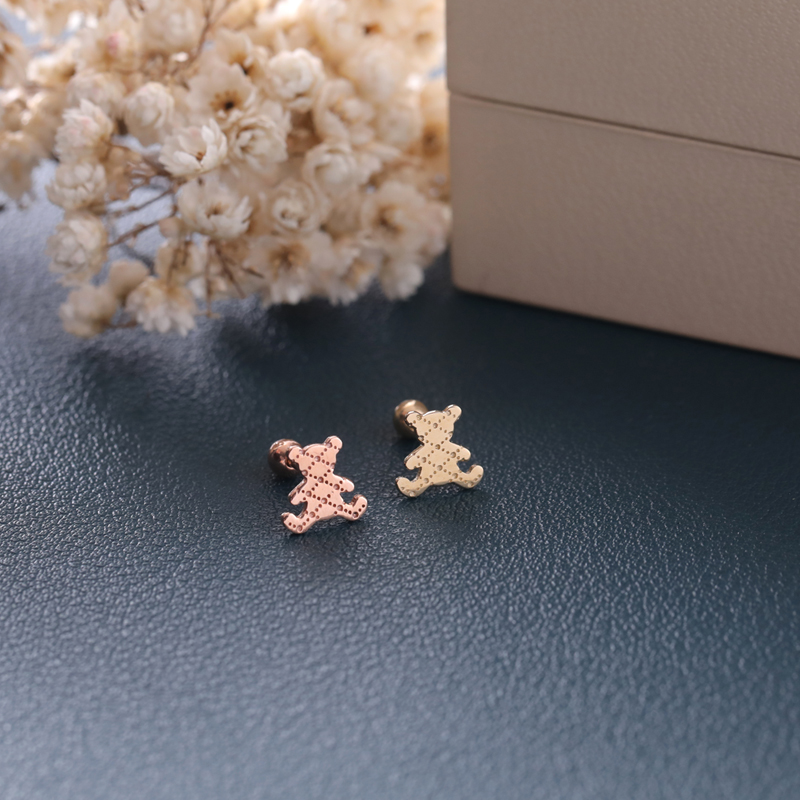jinjewelry纯14k金耳钉简约可爱小熊拧螺丝耳骨钉玫瑰金黄金耳饰