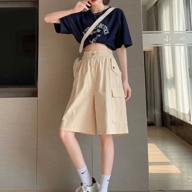 夏季大码300斤学生工装短裤女高腰阔腿中裤小个子显瘦运动五分裤
