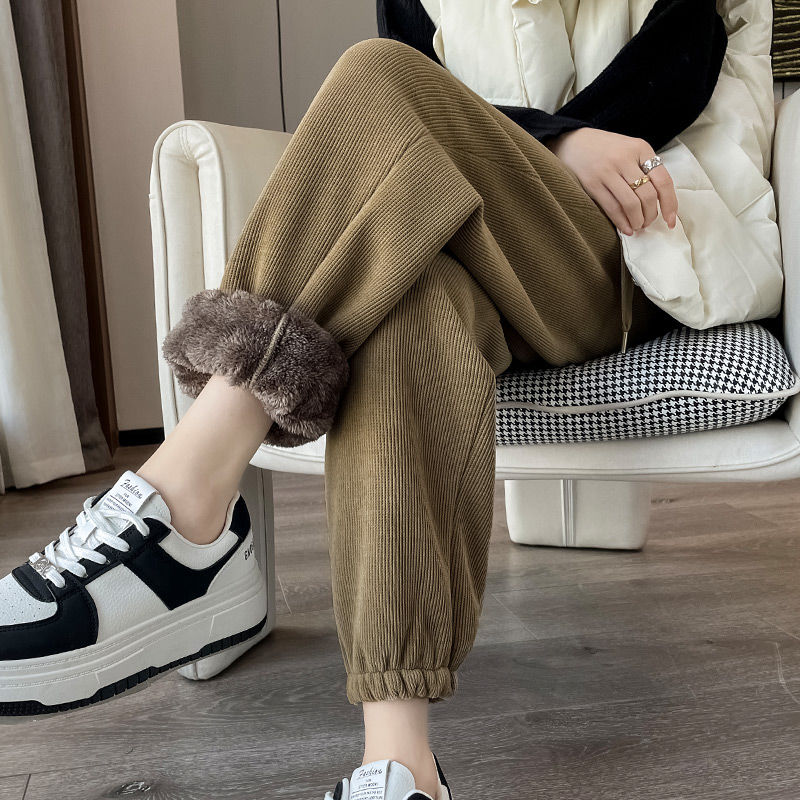 大码300斤羊羔绒裤子女秋冬加绒加厚胖mm高腰宽松显瘦束脚运动裤