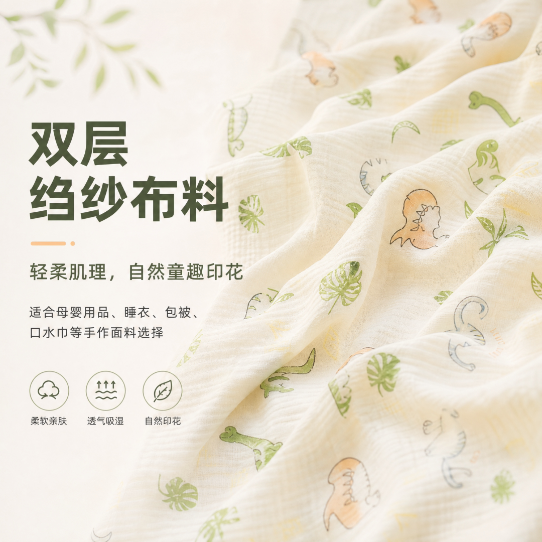 母婴A类100%纯棉双层皱纱布料卡通印花布柔软透气DIY口水巾棉布头