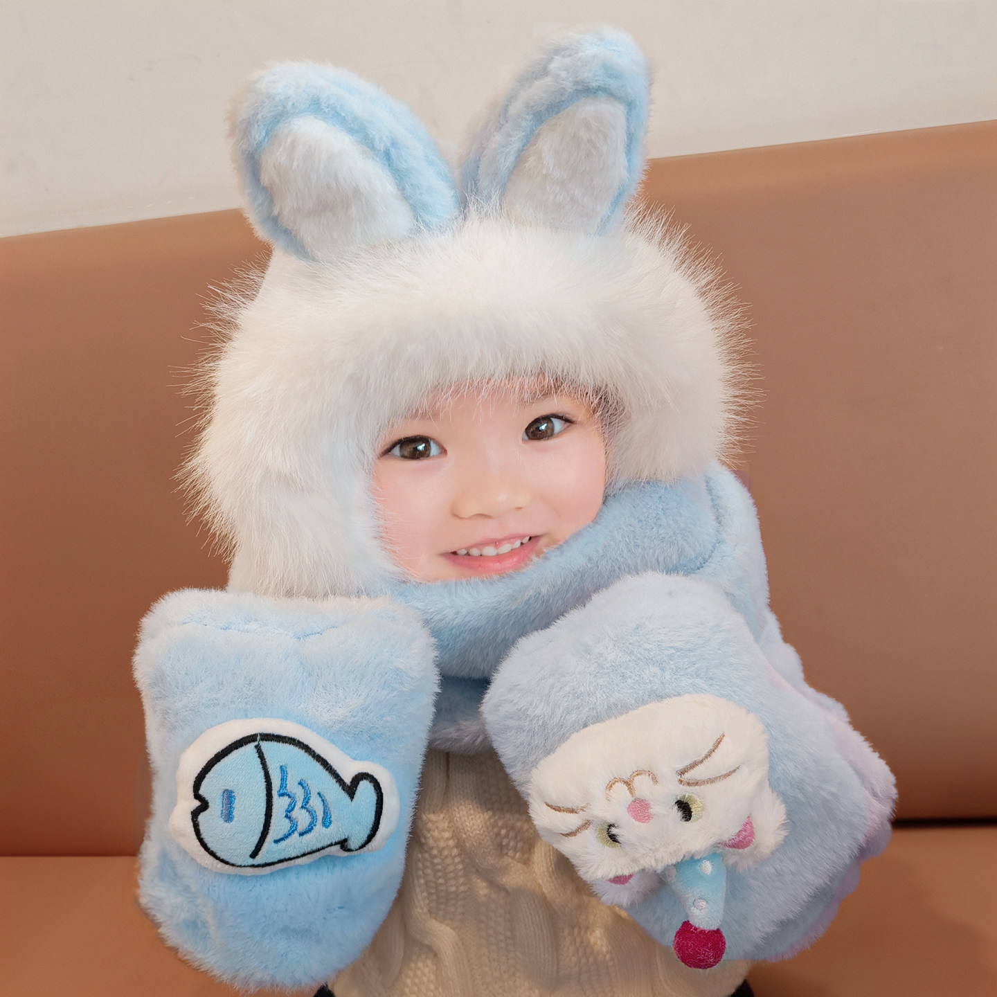 儿童毛绒猫咪兔耳帽子一体围巾手套男女童冬季加厚保暖可爱护耳帽,服饰配件/皮带/帽子/围巾,三件套,淘宝优惠券,粉丝福利购,淘宝优惠卷