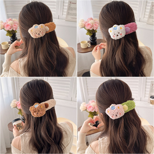 布丁熊大号毛绒鸭嘴夹女后脑勺盘发发夹秋冬可爱边夹百搭发饰头饰