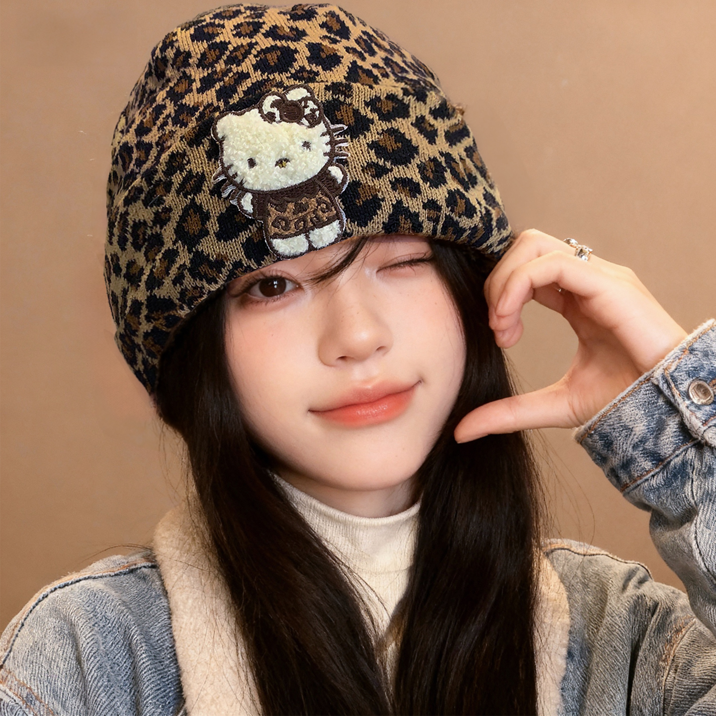 豹纹卡通针织帽秋冬保暖