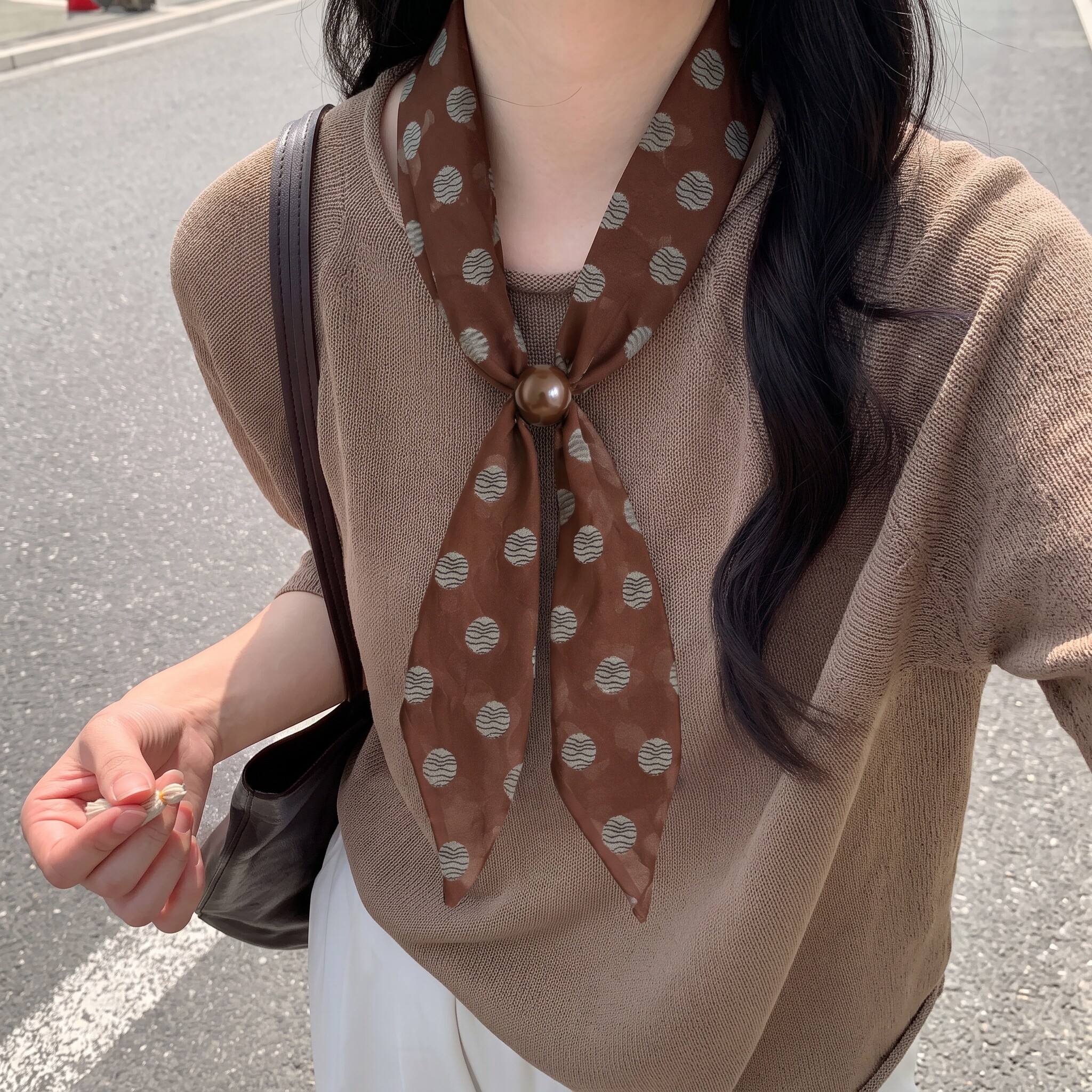 波点丝巾女款通勤抽拉丝巾项链女早秋系脖长条领巾高级毛衣链配饰