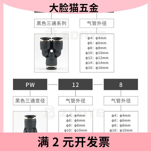 黑色气动气管接头变径三通塑料PY8快速快插接头PW/6/10/12/14/16