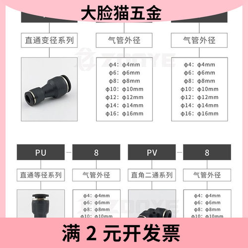 黑色气动气管接头直角变径直通快速快插接头PV/PG/PU4/6/8/10/12