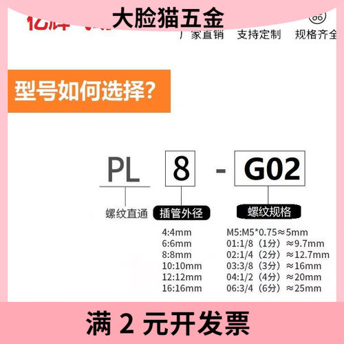 G螺纹气动接头PL6-G01气管快速接头