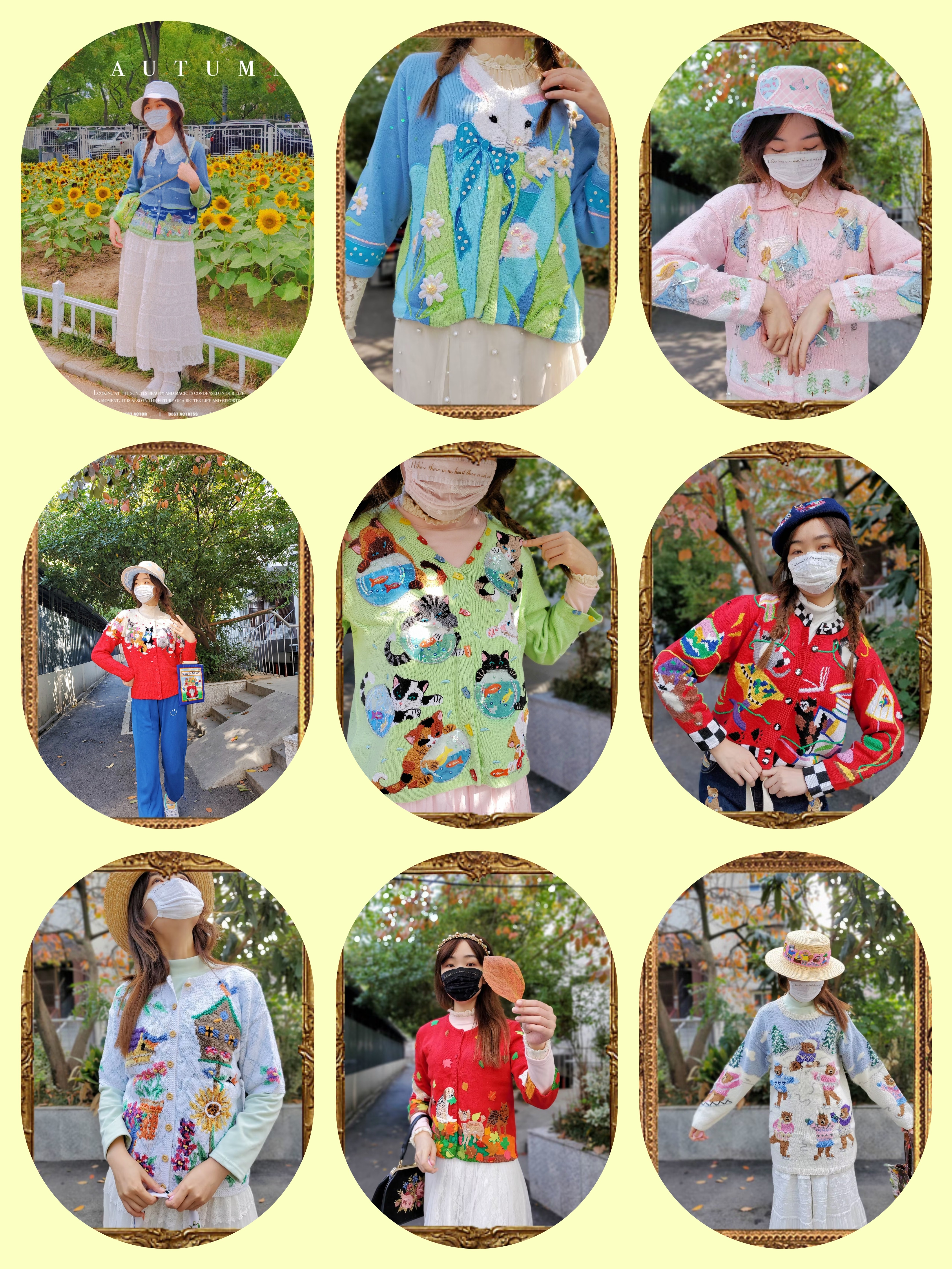 美国输入vintage纯手工精品开衫外套风景雪景猫咪兔子重磅毛衣