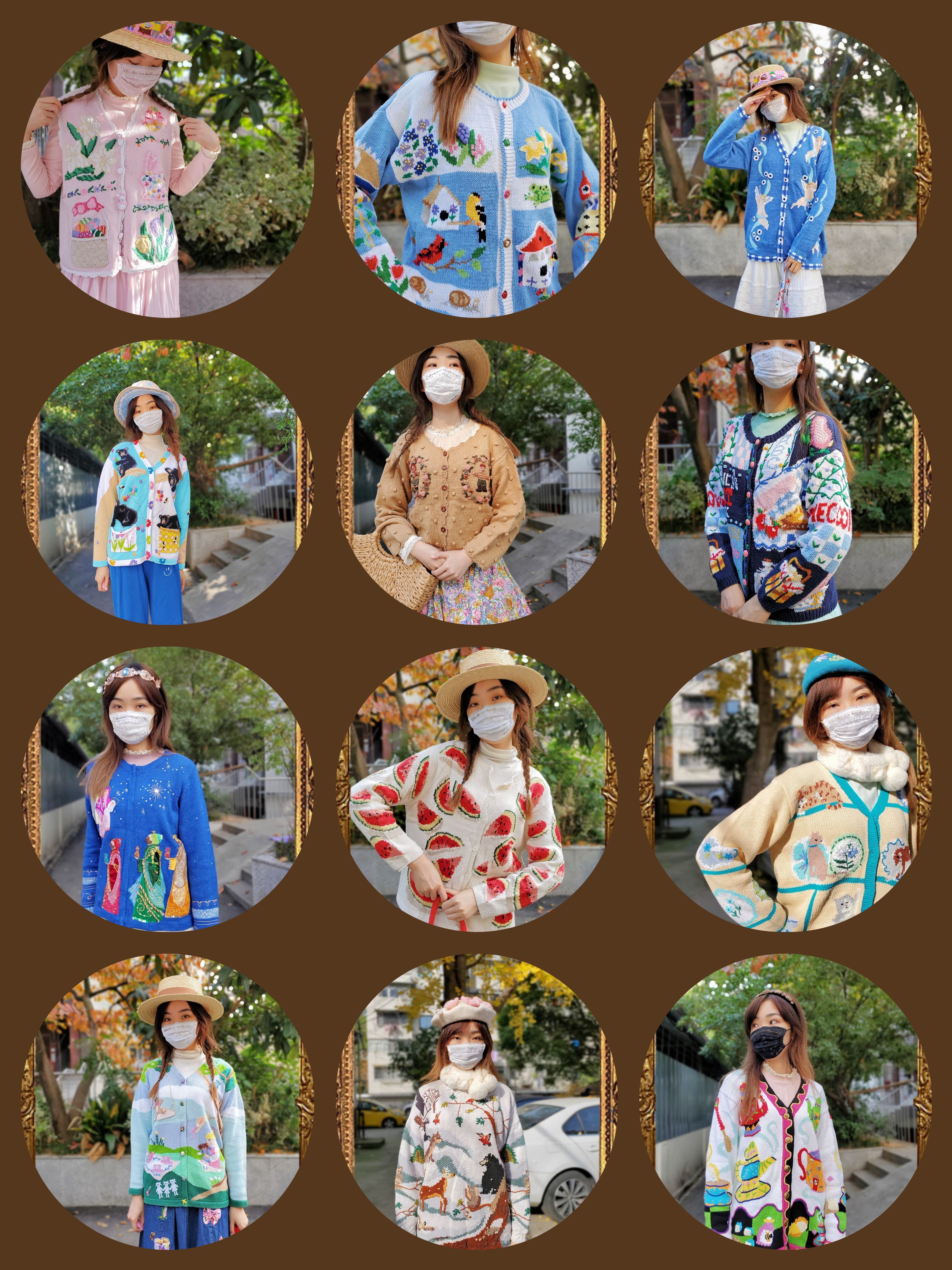 美国输入vintage纯手工精品开衫外套风景雪景猫咪兔子重磅毛衣