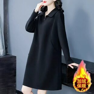 休闲减龄时尚 大码 新款 连衣裙胖MM气质秋季 翻领显瘦卫衣裙 洋气女装