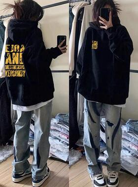 重磅美式高街潮牌黑色连帽卫衣女2025新款爆款春秋季宽松加绒外套