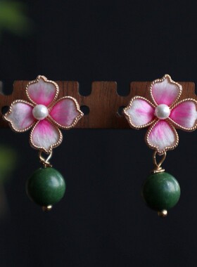 新款合香珠绒花耳钉手工新中式耳坠蚕丝掐丝耳环精致淡雅香味耳饰