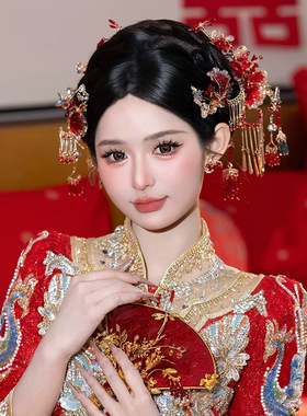 新中式秀禾服新娘重工滴胶红色花朵发簪龙凤褂发饰爆款结婚头饰品