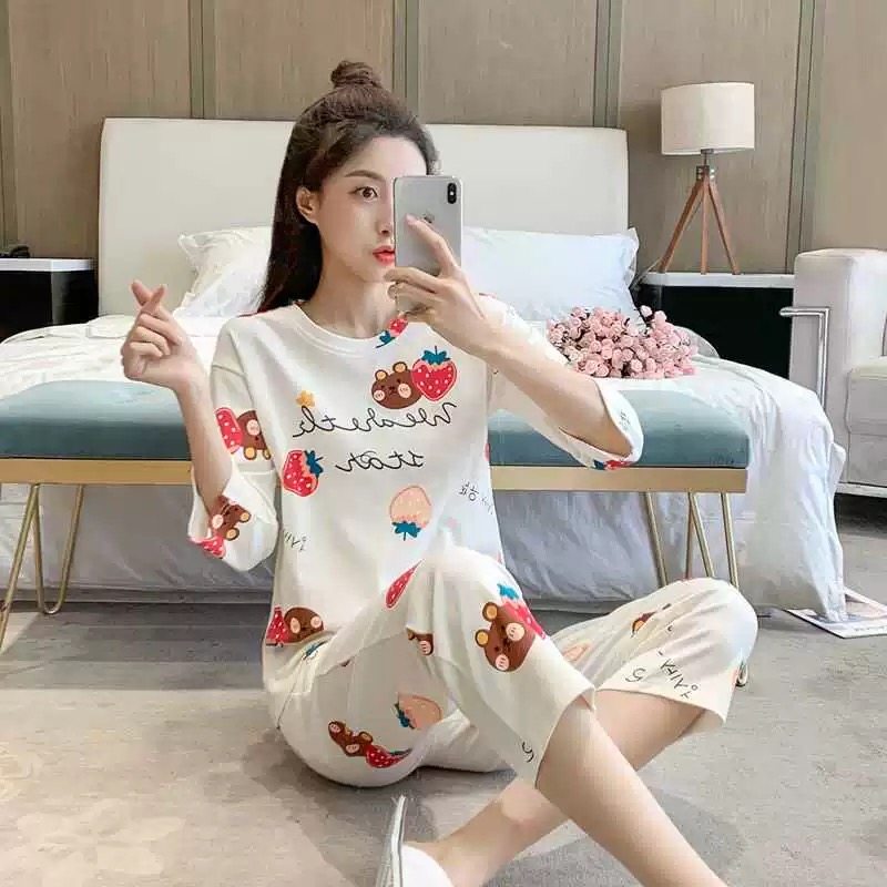 睡衣女士夏季韩版印花七分袖七分裤套装薄款宽松家居服单件/套装,女士内衣/男士内衣/家居服,睡衣/家居服套装,淘宝优惠券,粉丝福利购,淘宝优惠卷