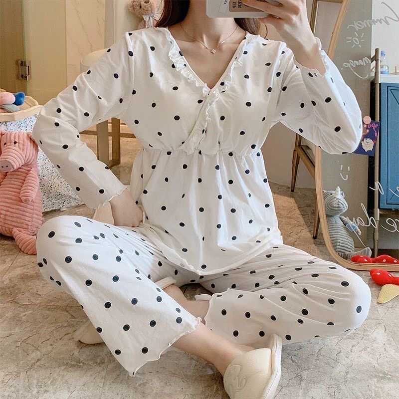 V领长袖睡衣女带胸垫哺乳家居服