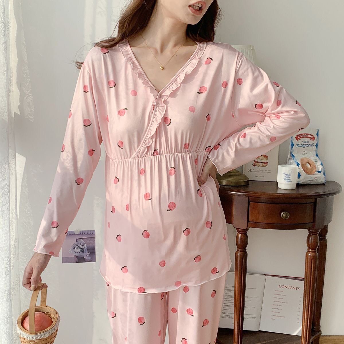 春季甜美风V领睡衣女居服套装