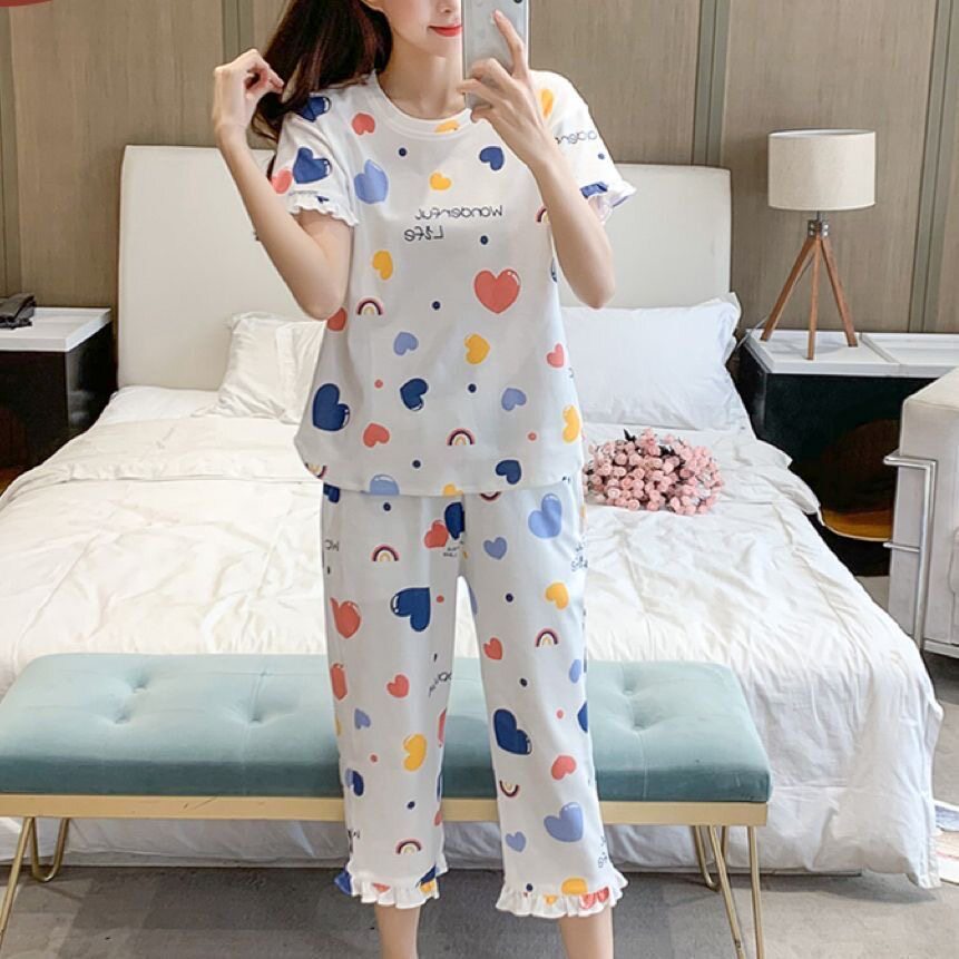 睡衣女夏季短袖七分裤家居服套装