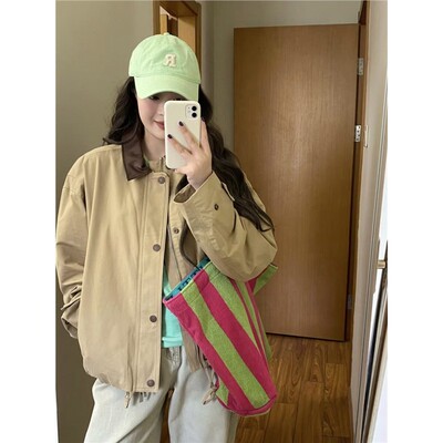 2026秋季新款复古巴恩风宽松皮领夹克衫高腰短款流行工装风衣外套