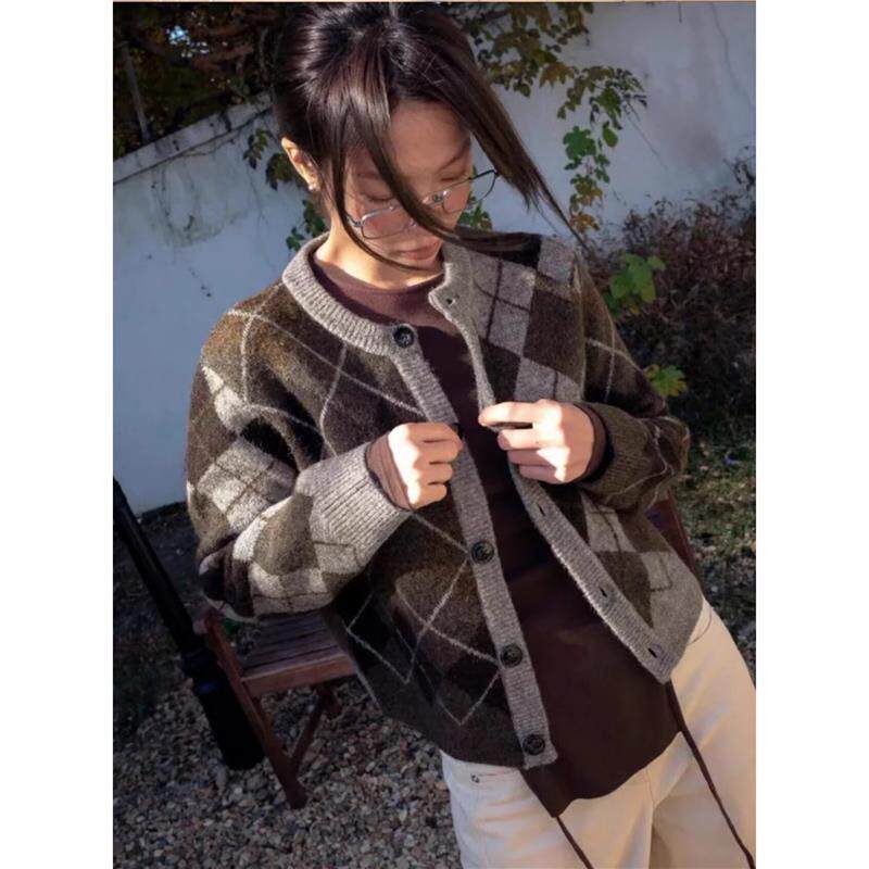 羊毛混纺！重磅双面针织！毛针织开衫外套女秋季上衣格纹针织开衫