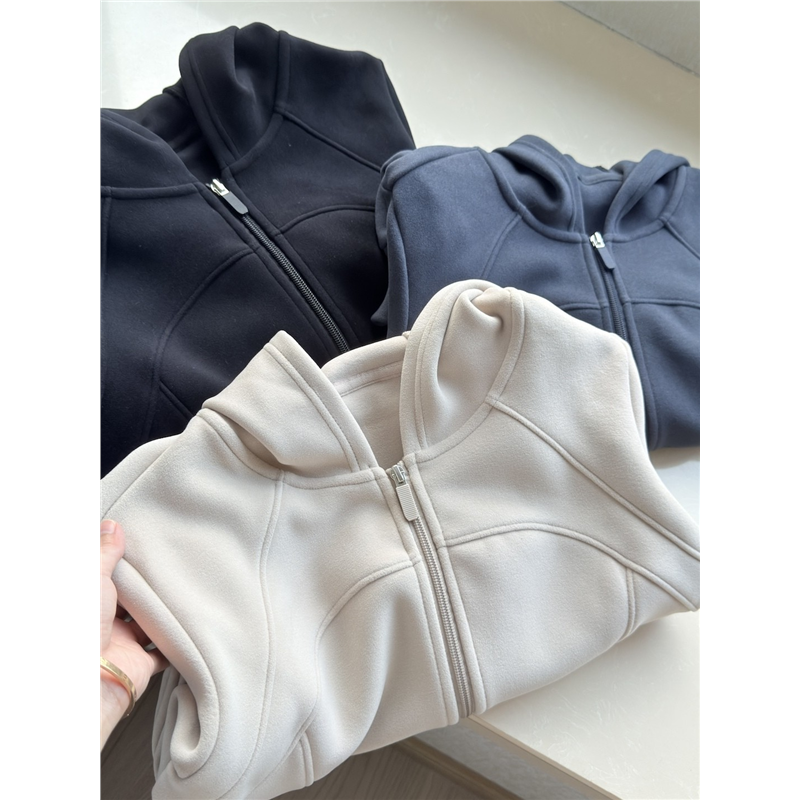 LU系风！修身加绒加厚慕斯绒防风连帽卫衣瑜珈运动外套女冬