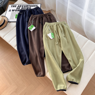 韩国单！牛货！重工小标刺绣 松紧腰摇粒绒亲肤保暖束口休闲裤女