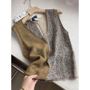 撞色相拼显瘦V领羊毛混纺无袖 马夹F625 针织背心毛衣叠穿坎肩女装