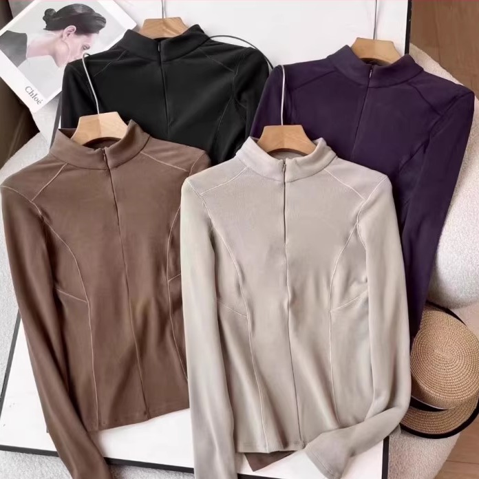 大厂订单~秋冬双重锁温一体绒立领修身半拉链长袖T恤磨毛打底衫女