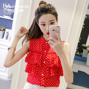无袖蓬蓬背心女2019夏季新款立领波点荷叶边娃娃衫雪纺衫上衣外穿
