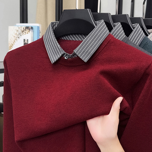 秋冬新款针织毛衣本命年男士酒红色羊毛假两件商务衬衫领polo衫男