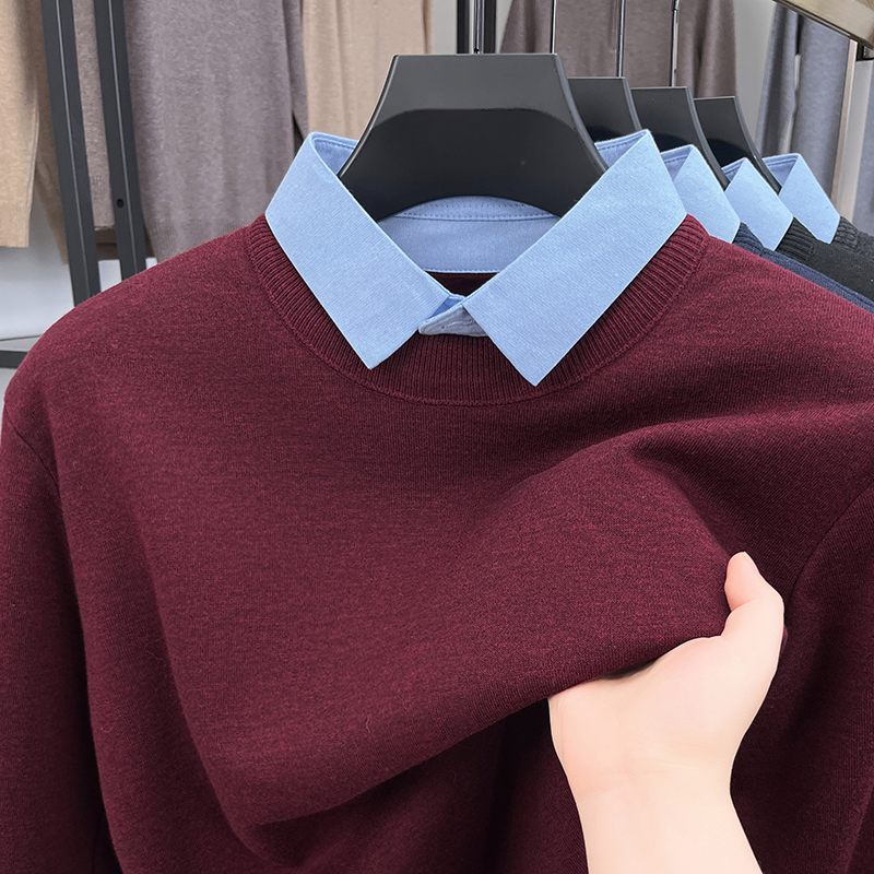 扎索套头含羊毛衬衫领假两件