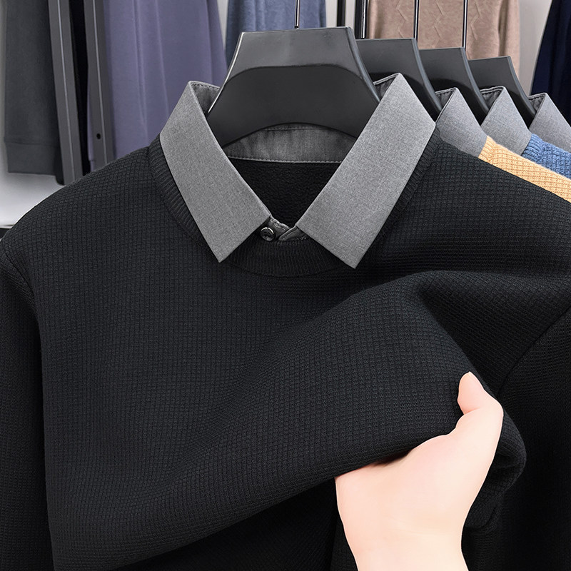 衬衫领假两件毛衣男圆领一体绒保暖上衣加绒加厚华夫格针织打底衫,男装,卫衣,淘宝优惠券,粉丝福利购,淘宝优惠卷