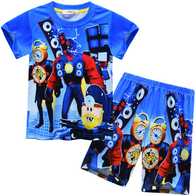 监控人衣服睡衣男童家居服短袖t恤夏季套装儿童泰坦电视vs马桶人.