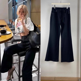 长裤 显瘦神裤 欧美中高腰深灰色弹力喇叭牛仔裤 新款 女气质 R25美式