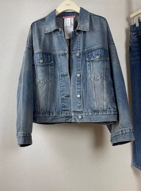 Ac经典欧货复古廓形做旧感灰蓝色宽松牛仔夹克外套显瘦个性高级感