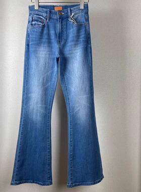 mot25早秋时尚磨白浅蓝水洗微喇叭牛仔裤长裤显瘦简约