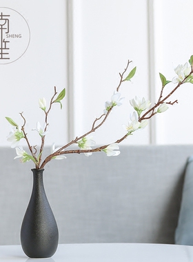 南笙 家居饰品黑色陶瓷花瓶仿真花干花花器电视柜台面摆件装饰品