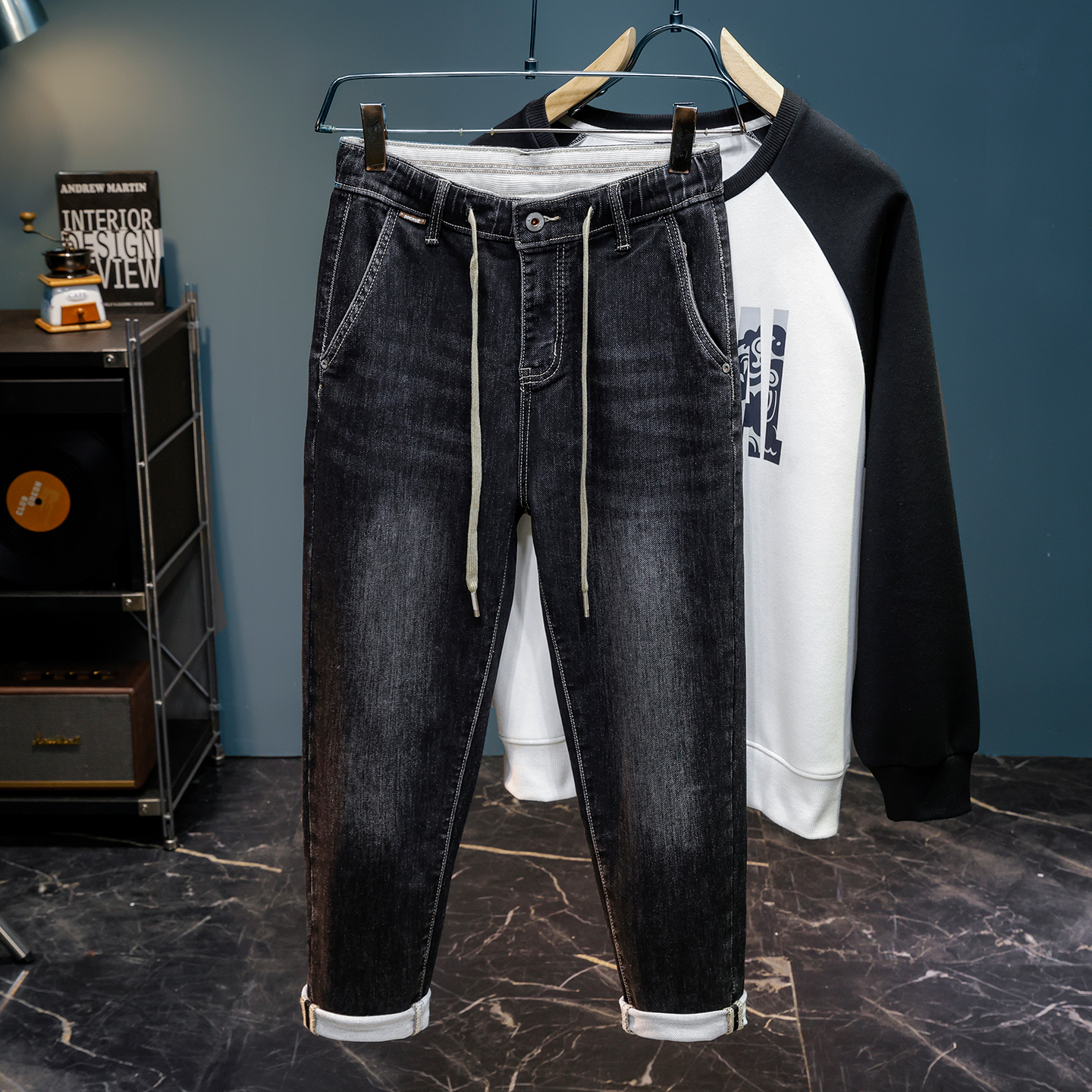 松紧腰男士牛仔裤潮牌修身锥形百搭弹力显瘦高端柔软黑色抽绳裤子